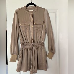 Ramy Brook Tan Neutral Long Sleeve Romper with gold snap button detail